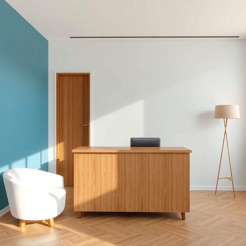 Recepția biroului Grup Dragomir din Galați, interior minimalist cu accente azurii